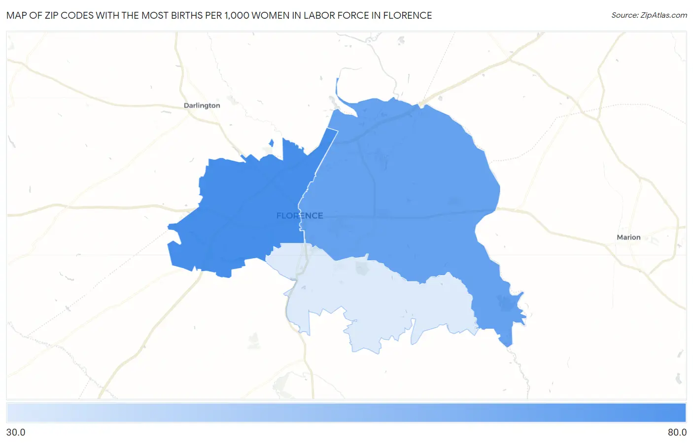 Zip Codes with the Most Births per 1,000 Women in Labor Force in Florence Map