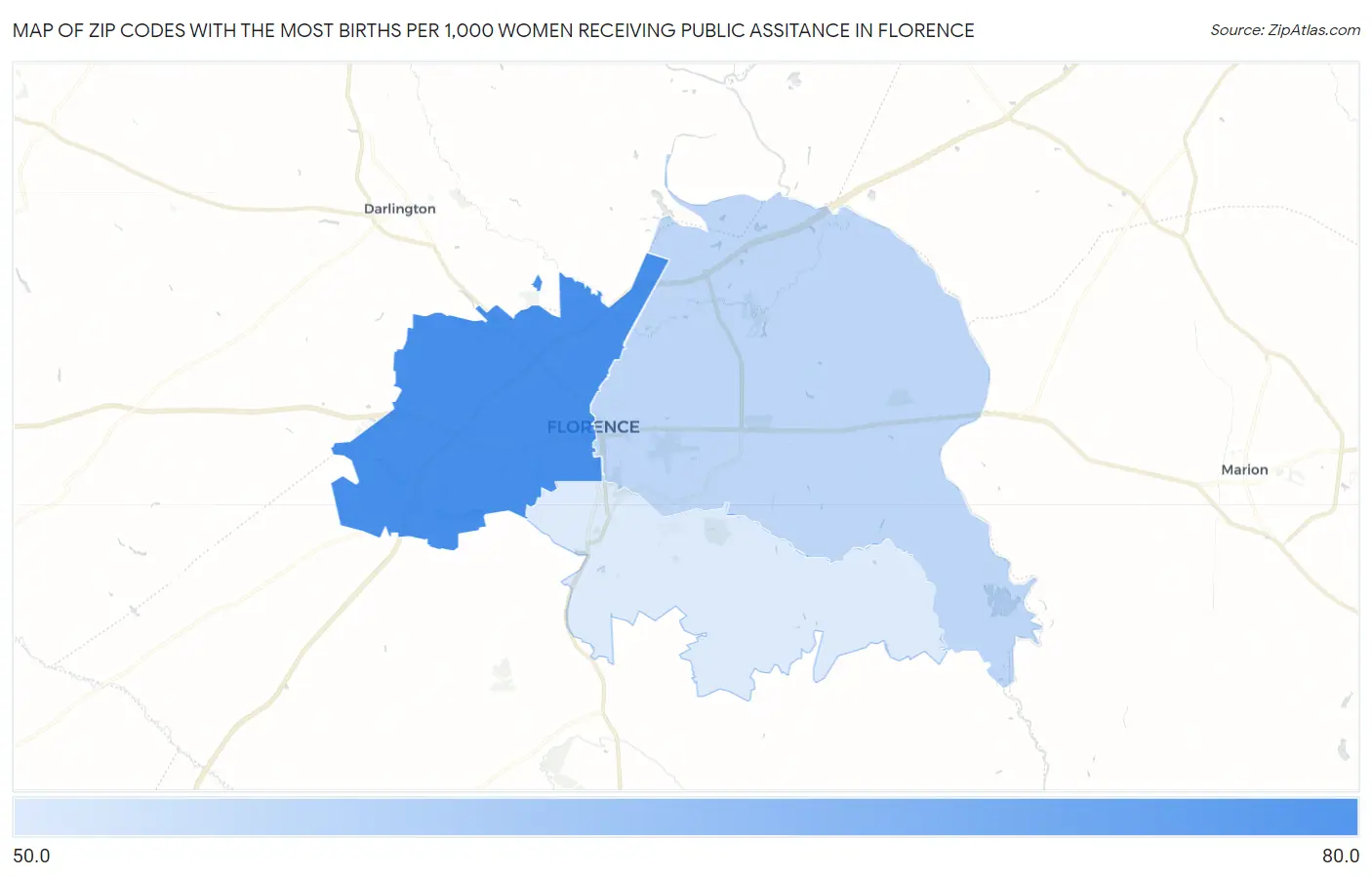 Zip Codes with the Most Births per 1,000 Women Receiving Public Assitance in Florence Map