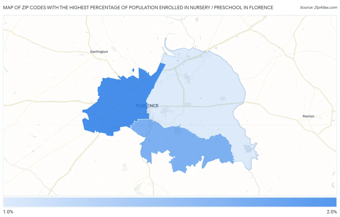 Zip Codes with the Highest Percentage of Population Enrolled in Nursery / Preschool in Florence Map