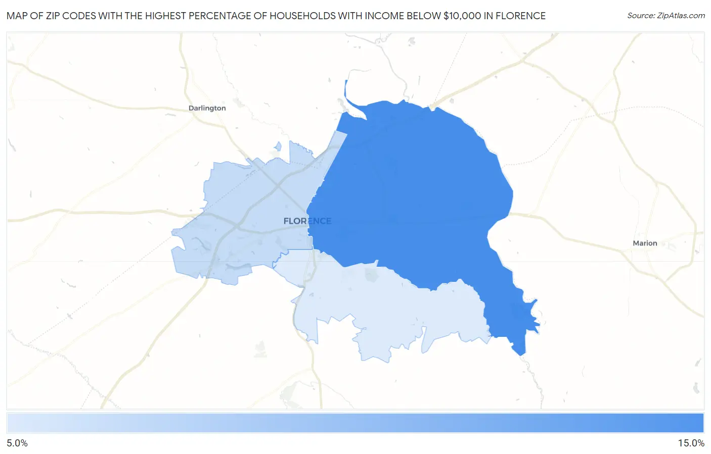 Zip Codes with the Highest Percentage of Households with Income Below $10,000 in Florence Map