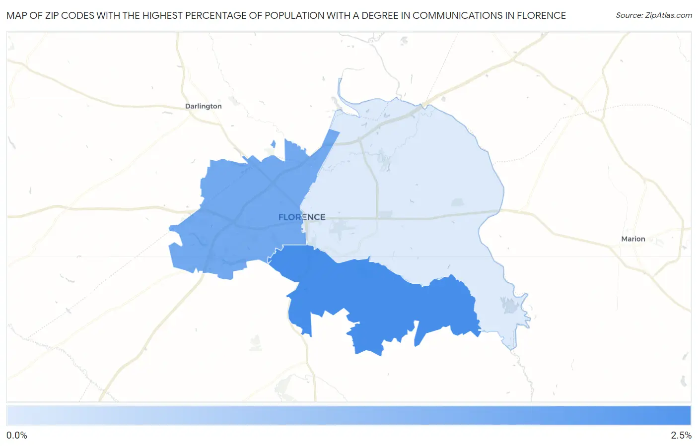 Zip Codes with the Highest Percentage of Population with a Degree in Communications in Florence Map