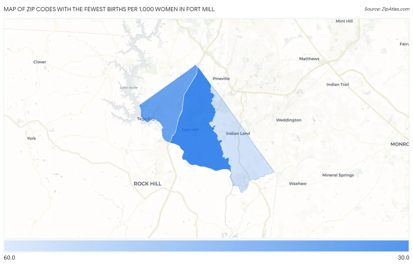 Zip Codes with the Fewest Births per 1,000 Women in Fort Mill Map