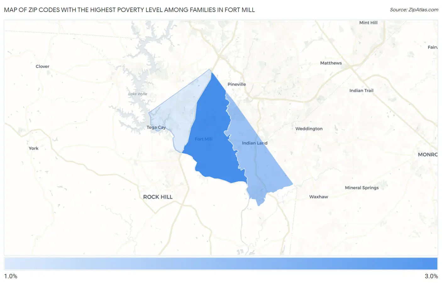 Zip Codes with the Highest Poverty Level Among Families in Fort Mill Map