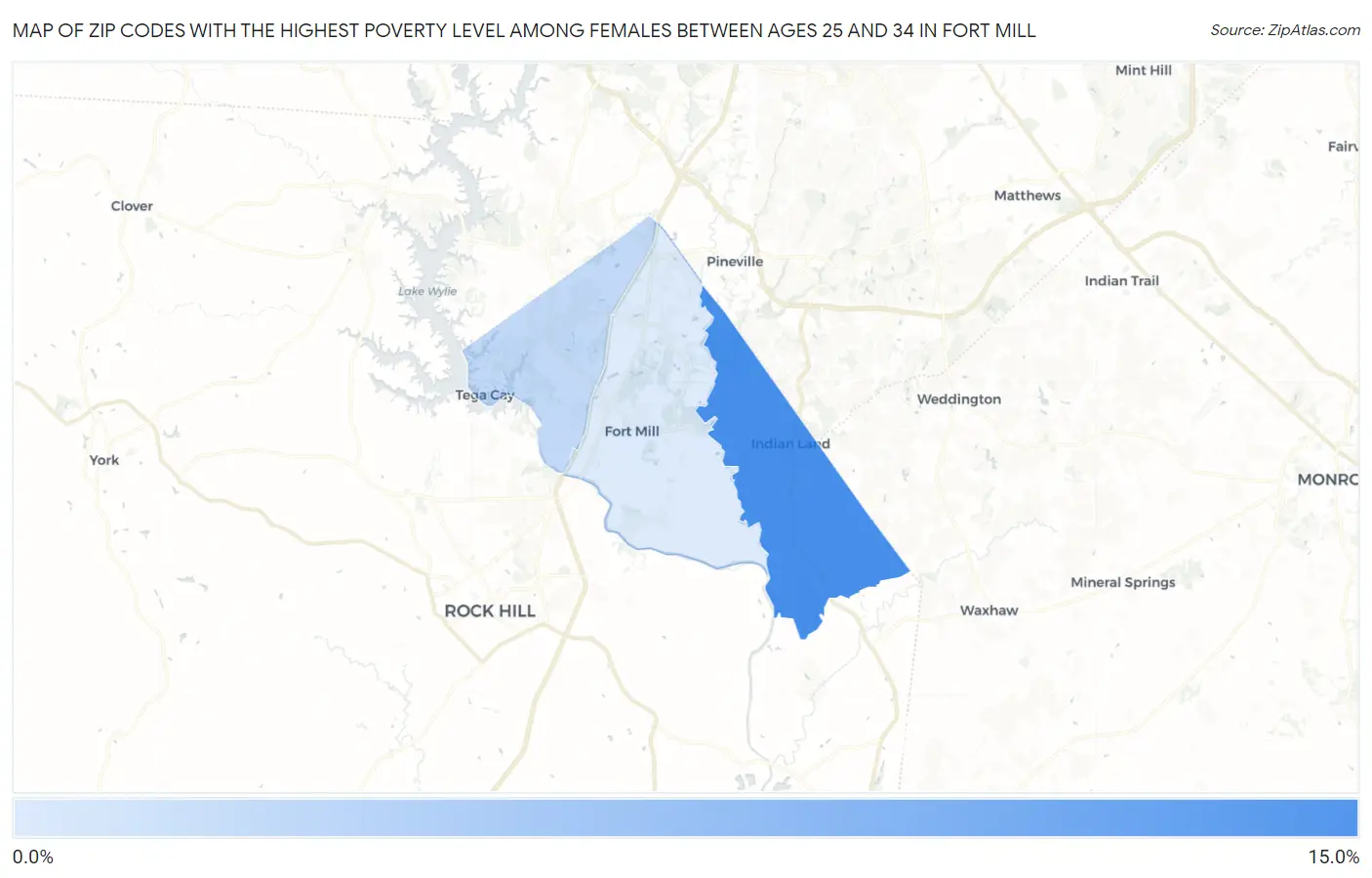 Zip Codes with the Highest Poverty Level Among Females Between Ages 25 and 34 in Fort Mill Map