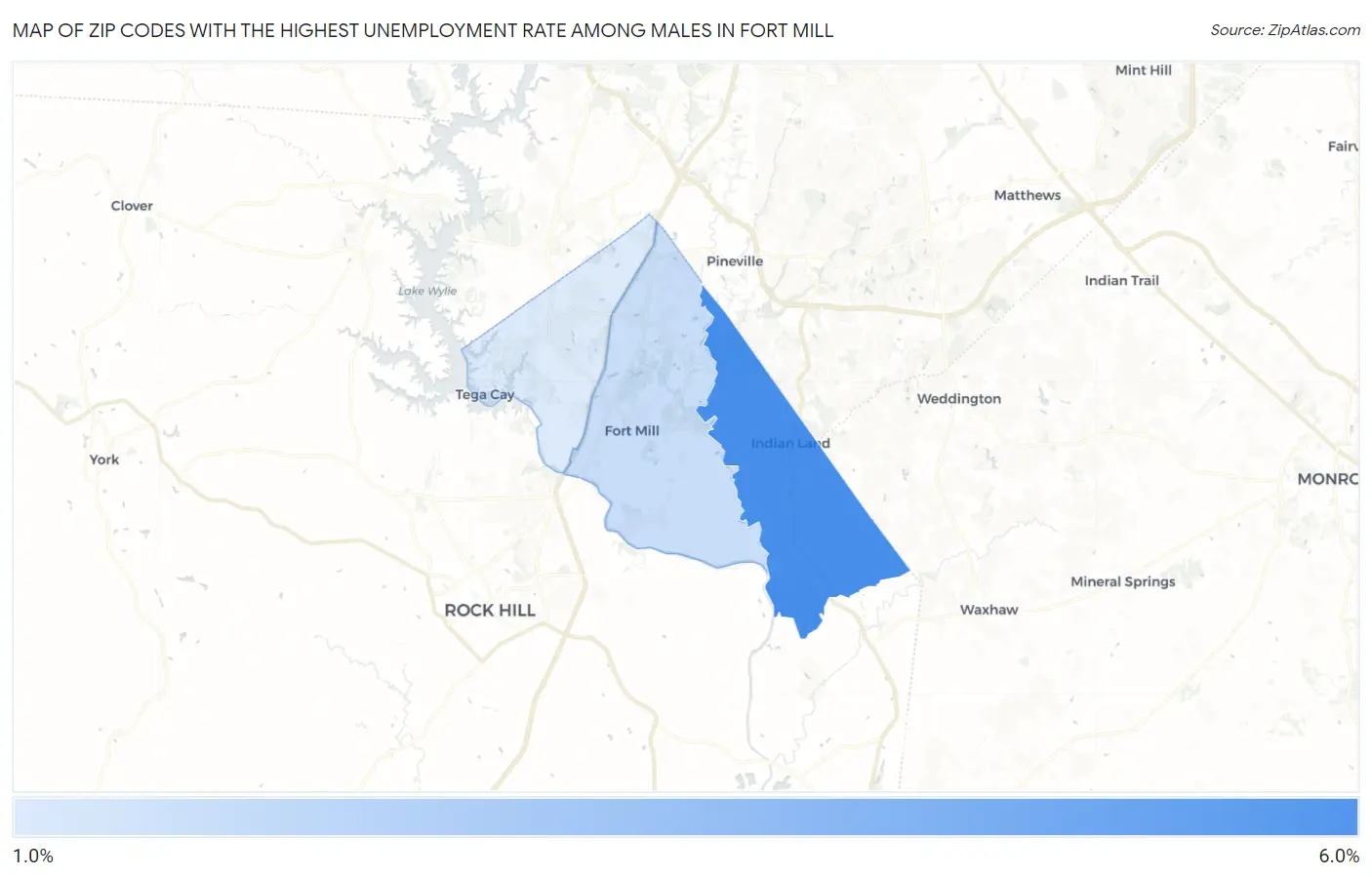 Zip Codes with the Highest Unemployment Rate Among Males in Fort Mill Map