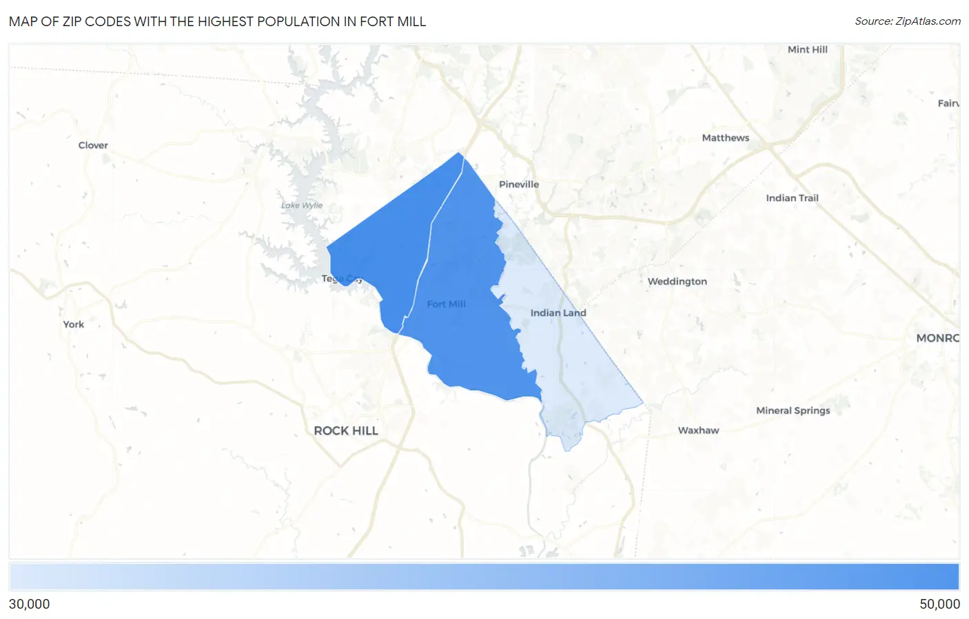 Zip Codes with the Highest Population in Fort Mill Map