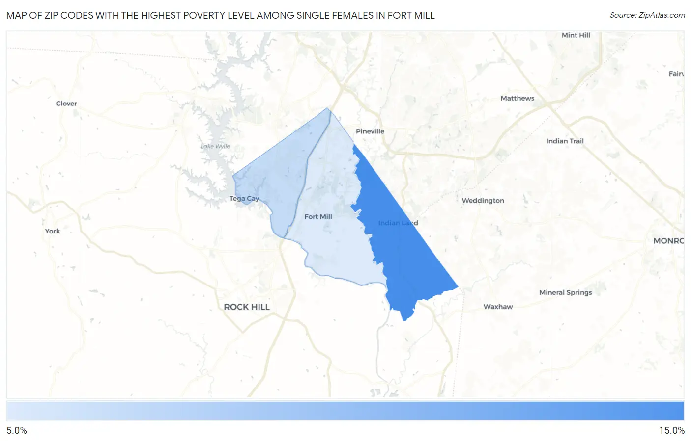 Zip Codes with the Highest Poverty Level Among Single Females in Fort Mill Map