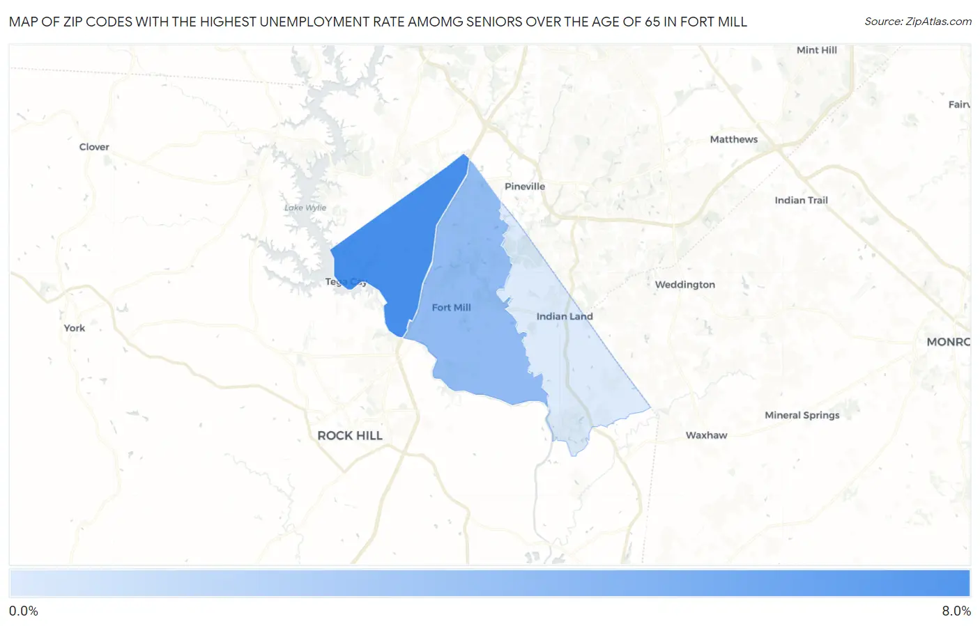 Zip Codes with the Highest Unemployment Rate Amomg Seniors Over the Age of 65 in Fort Mill Map