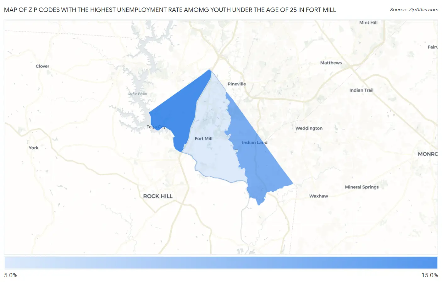 Zip Codes with the Highest Unemployment Rate Amomg Youth Under the Age of 25 in Fort Mill Map
