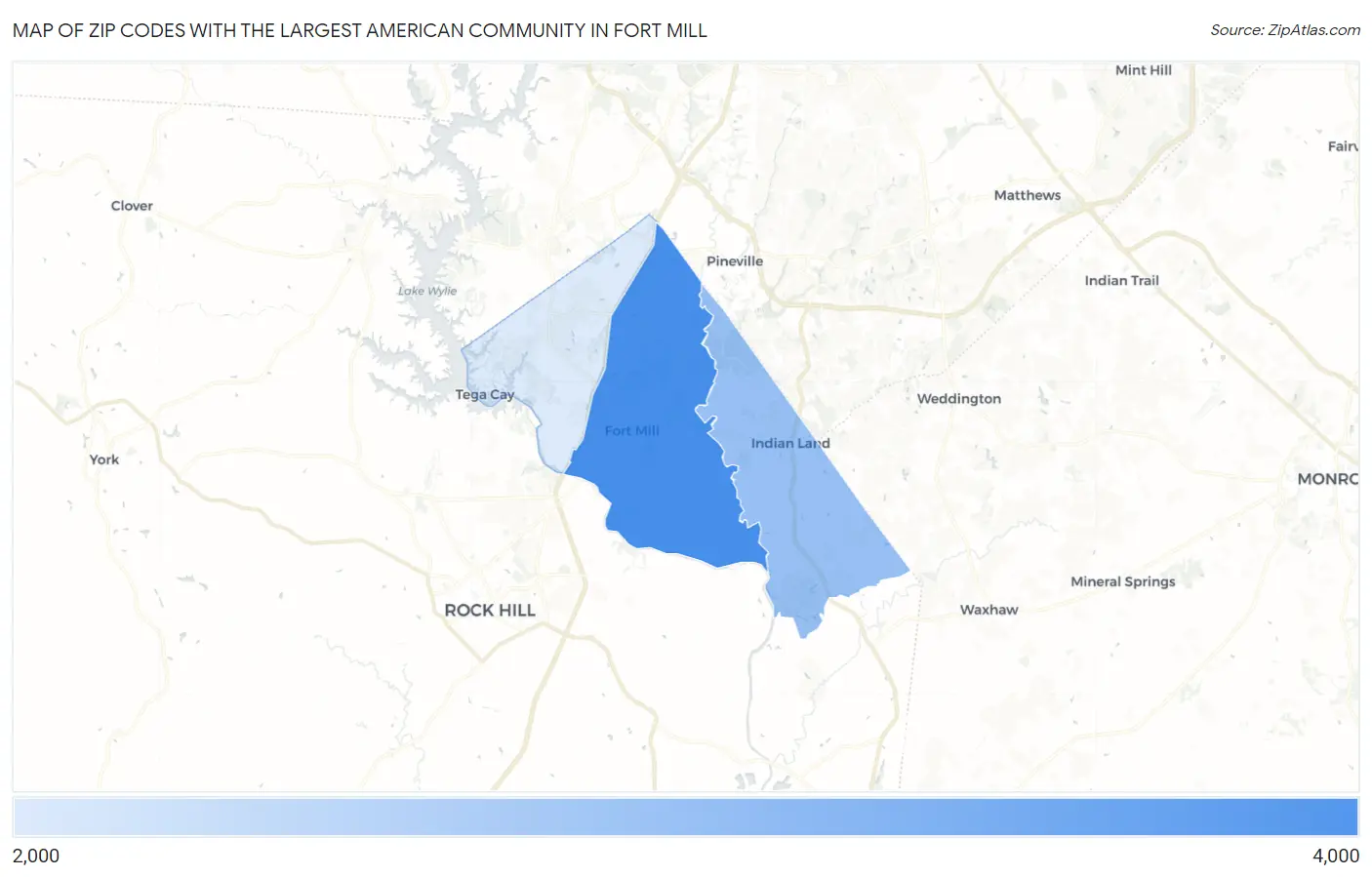 Zip Codes with the Largest American Community in Fort Mill Map