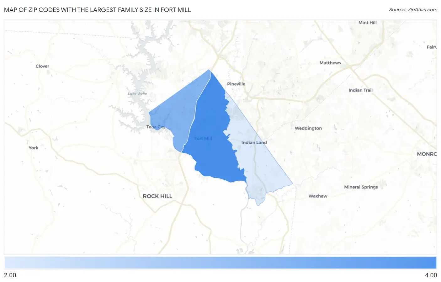 Zip Codes with the Largest Family Size in Fort Mill Map