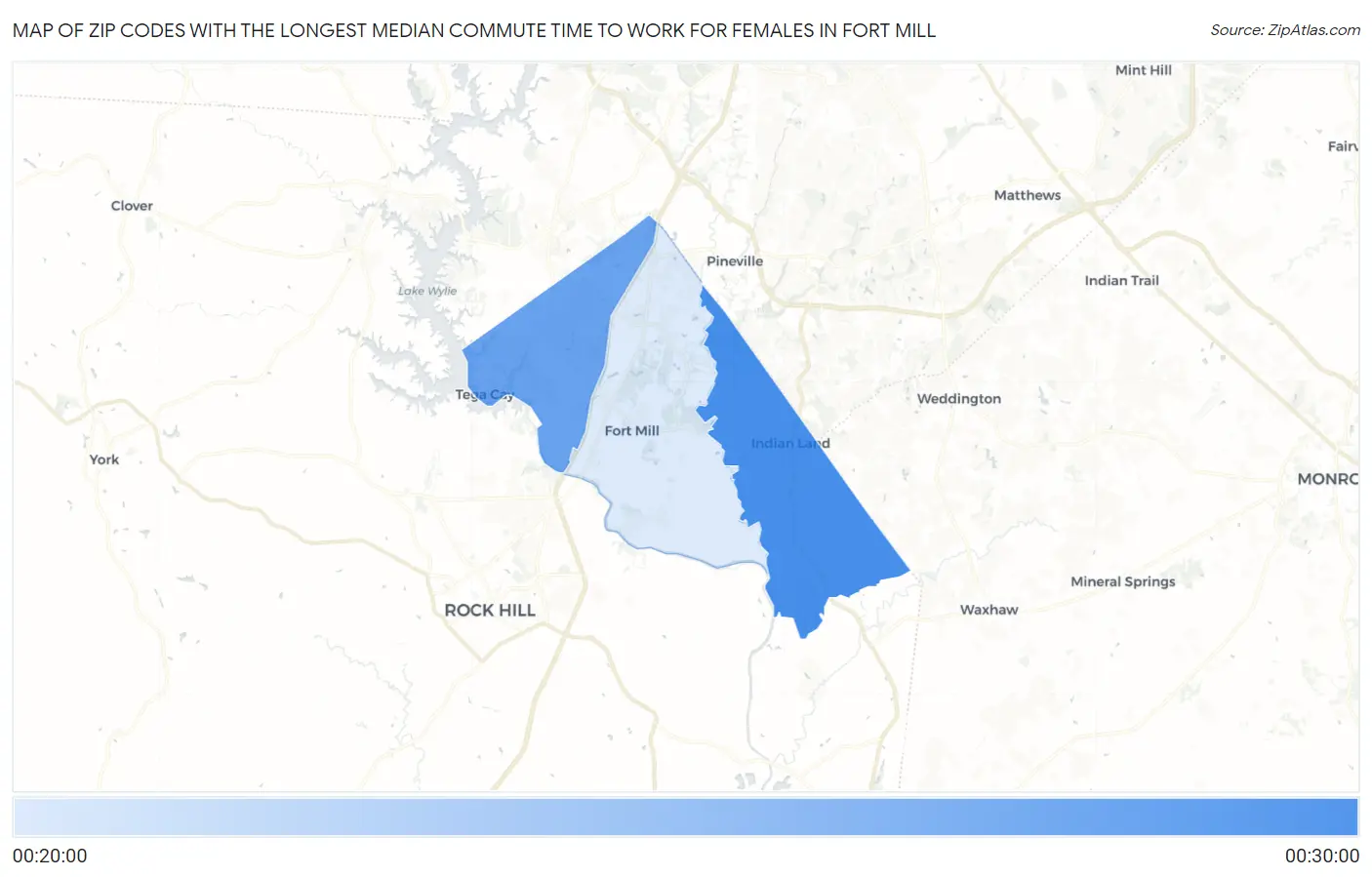 Zip Codes with the Longest Median Commute Time to Work for Females in Fort Mill Map