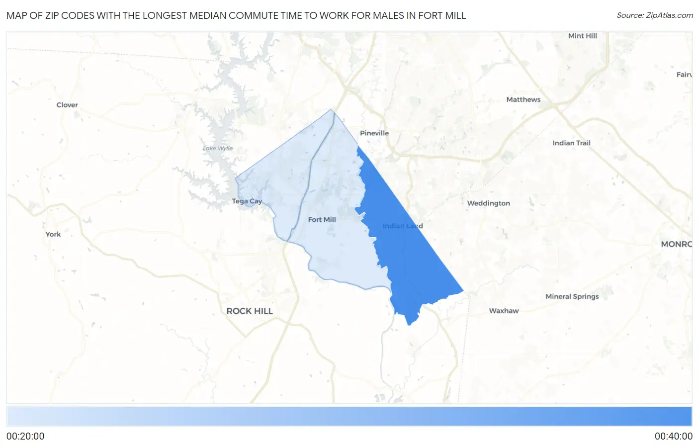 Zip Codes with the Longest Median Commute Time to Work for Males in Fort Mill Map