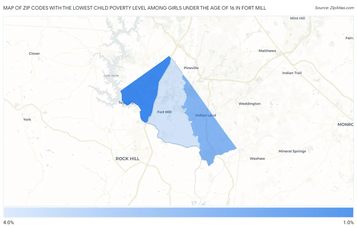 Zip Codes with the Lowest Child Poverty Level Among Girls Under the Age of 16 in Fort Mill Map