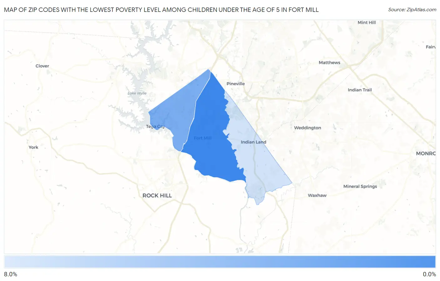 Zip Codes with the Lowest Poverty Level Among Children Under the Age of 5 in Fort Mill Map