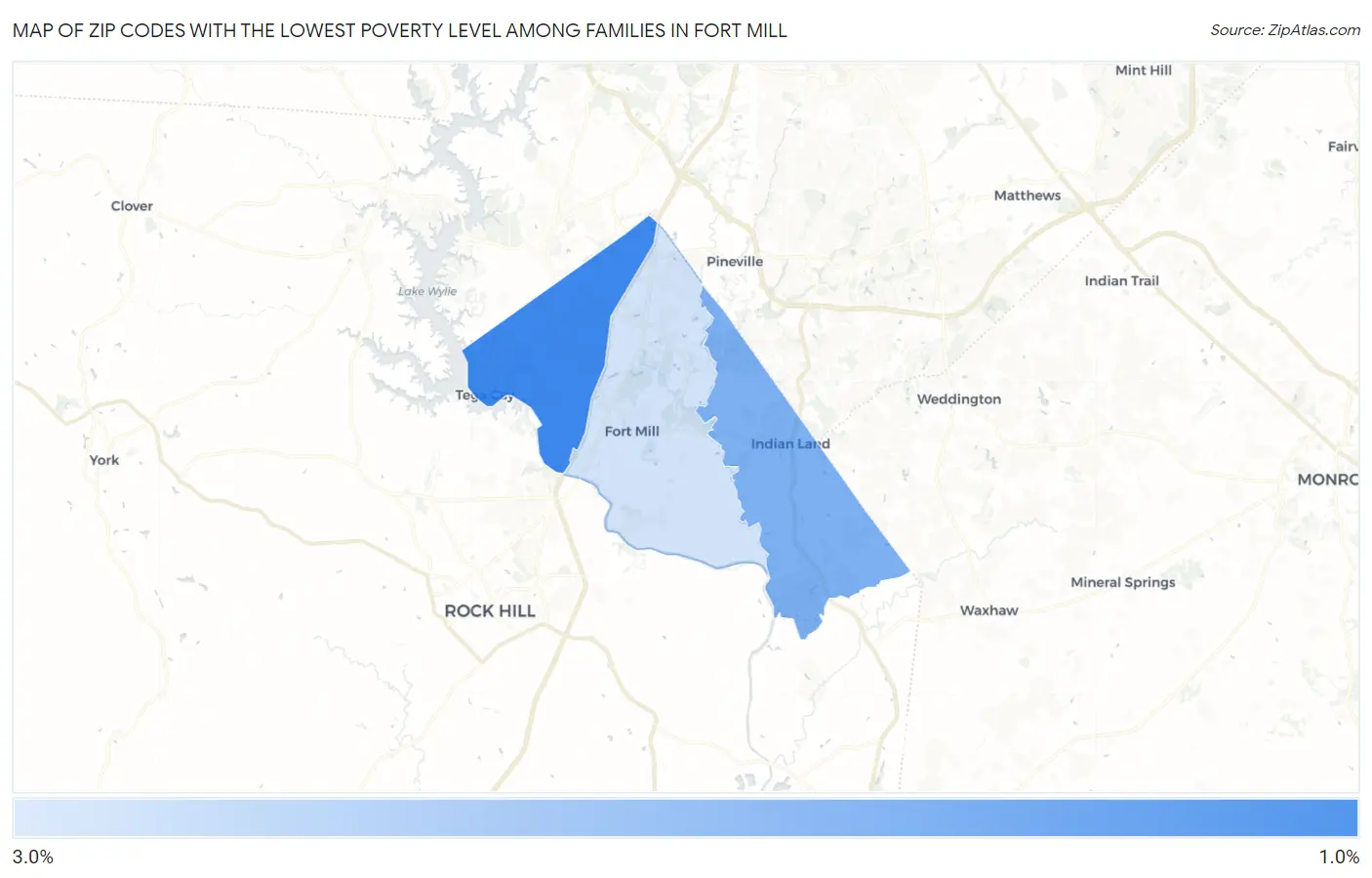 Zip Codes with the Lowest Poverty Level Among Families in Fort Mill Map