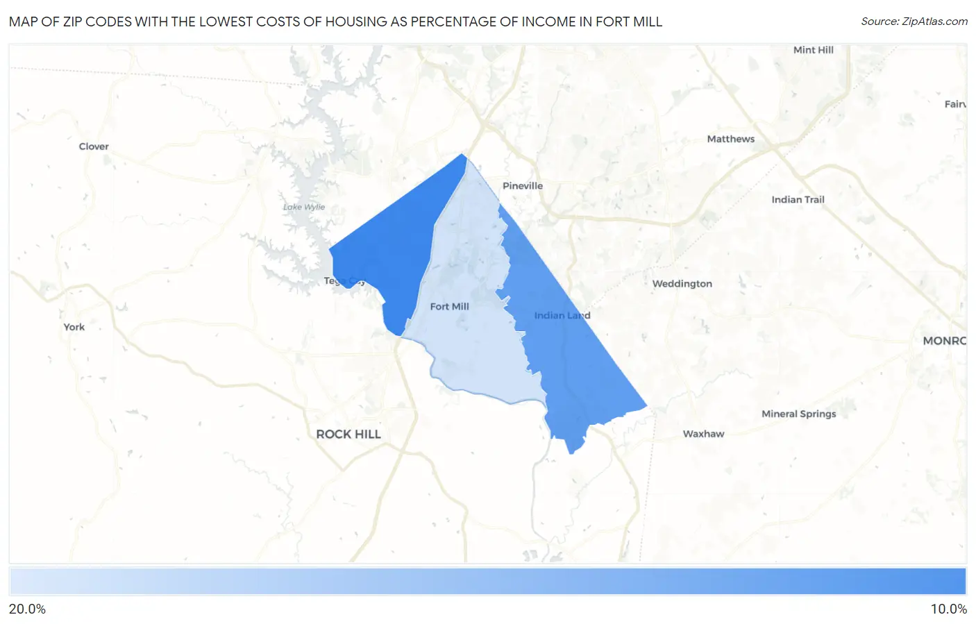 Zip Codes with the Lowest Costs of Housing as Percentage of Income in Fort Mill Map