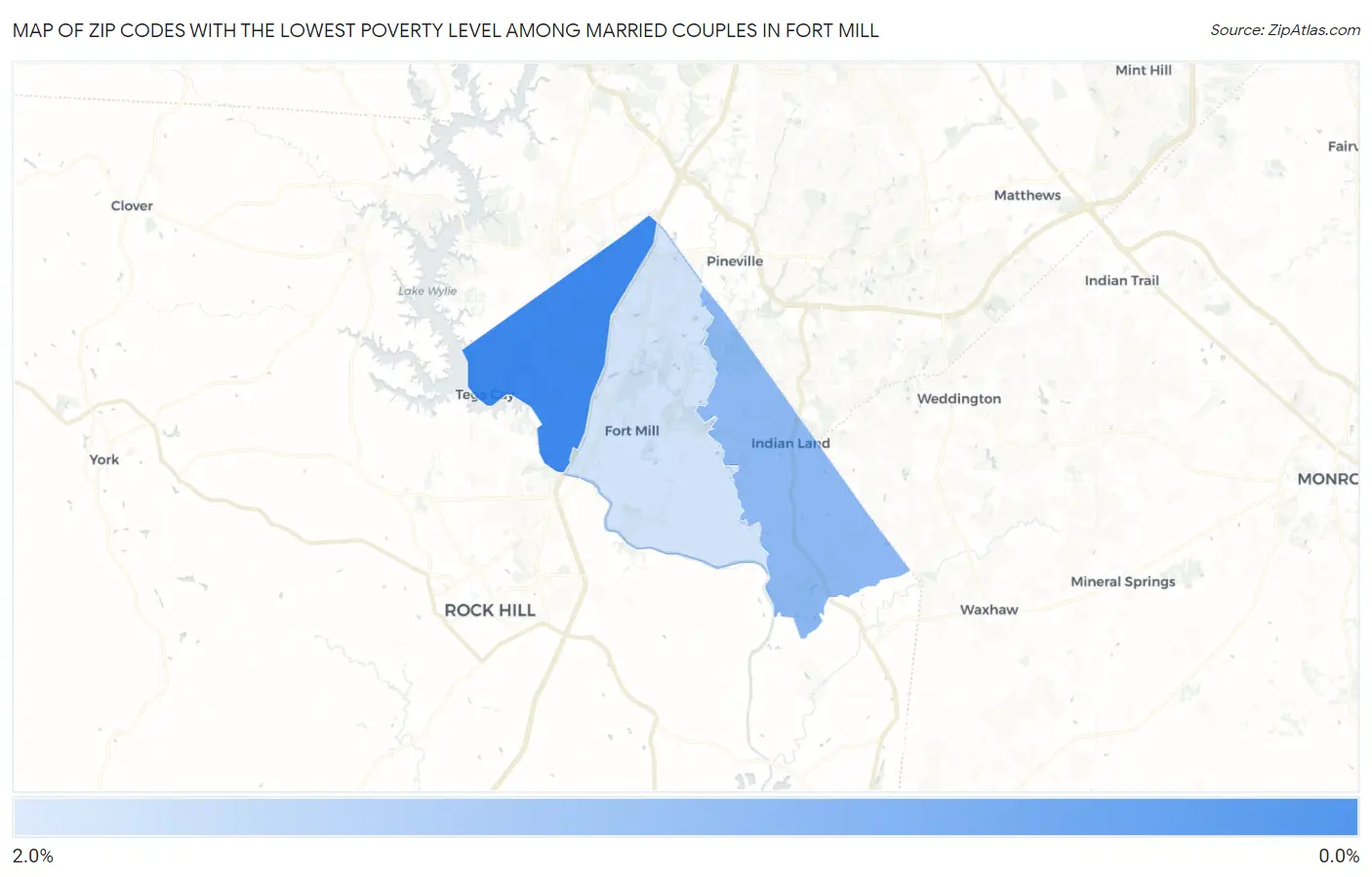 Zip Codes with the Lowest Poverty Level Among Married Couples in Fort Mill Map