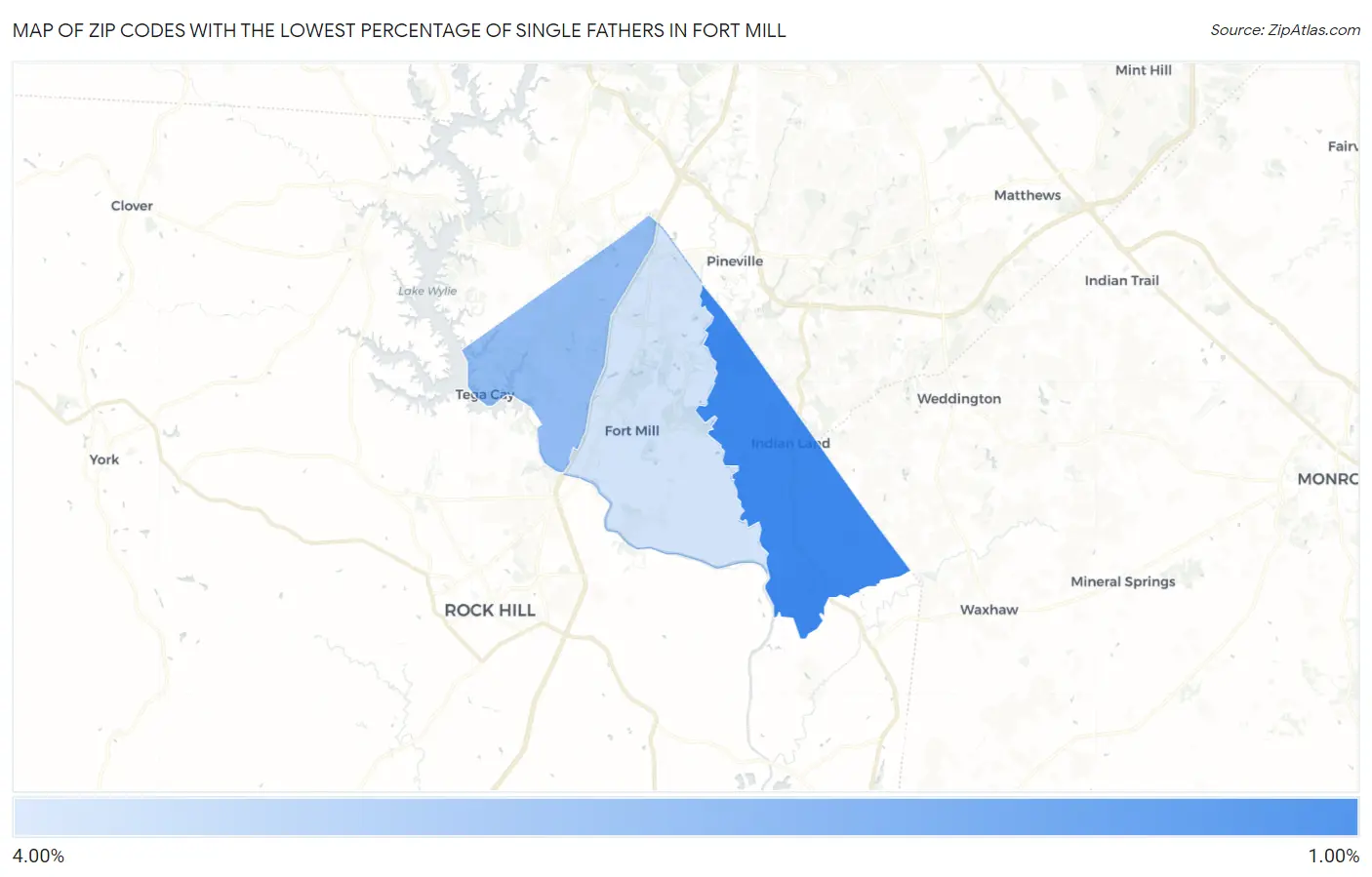 Zip Codes with the Lowest Percentage of Single Fathers in Fort Mill Map