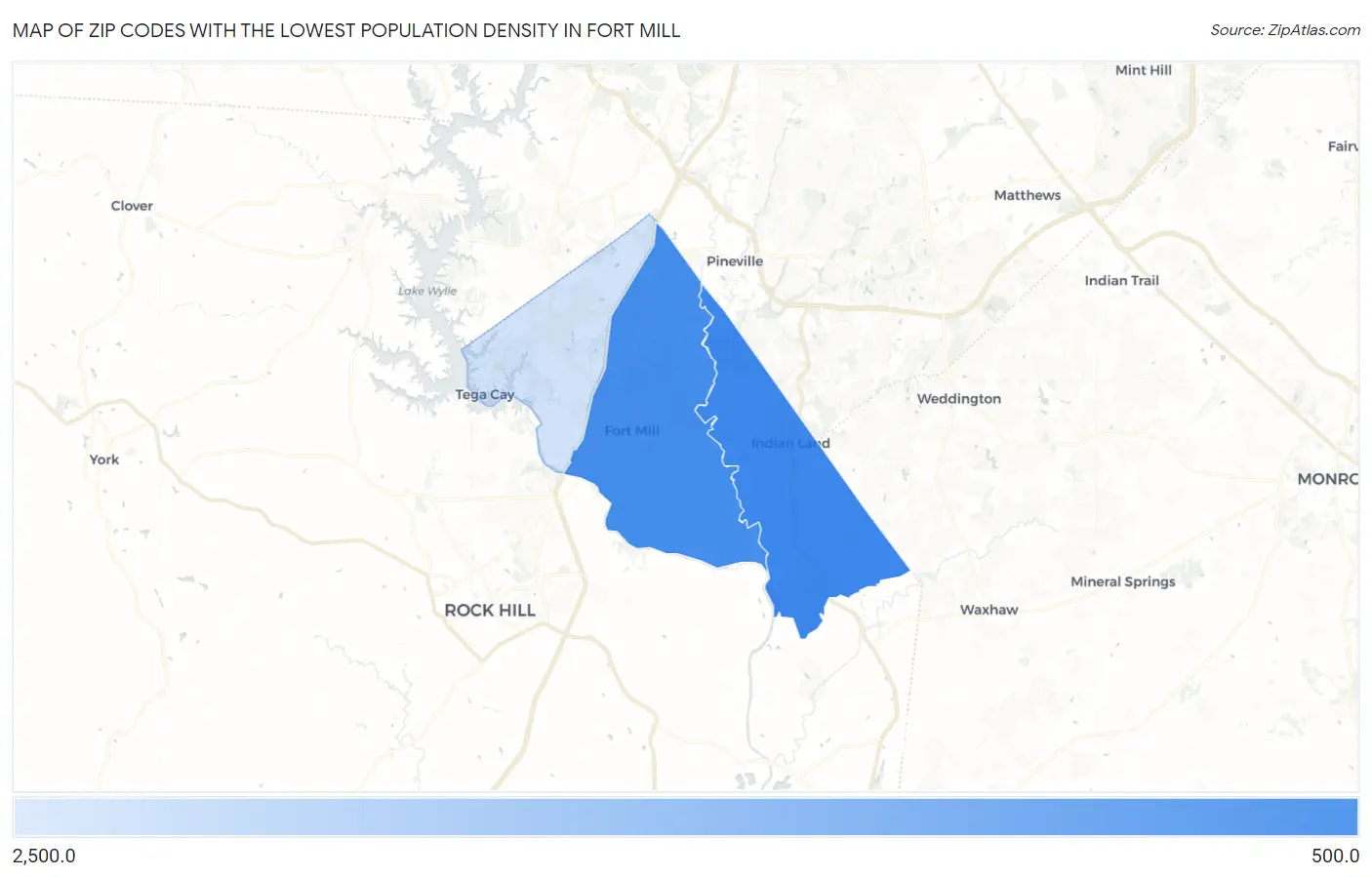 Zip Codes with the Lowest Population Density in Fort Mill Map