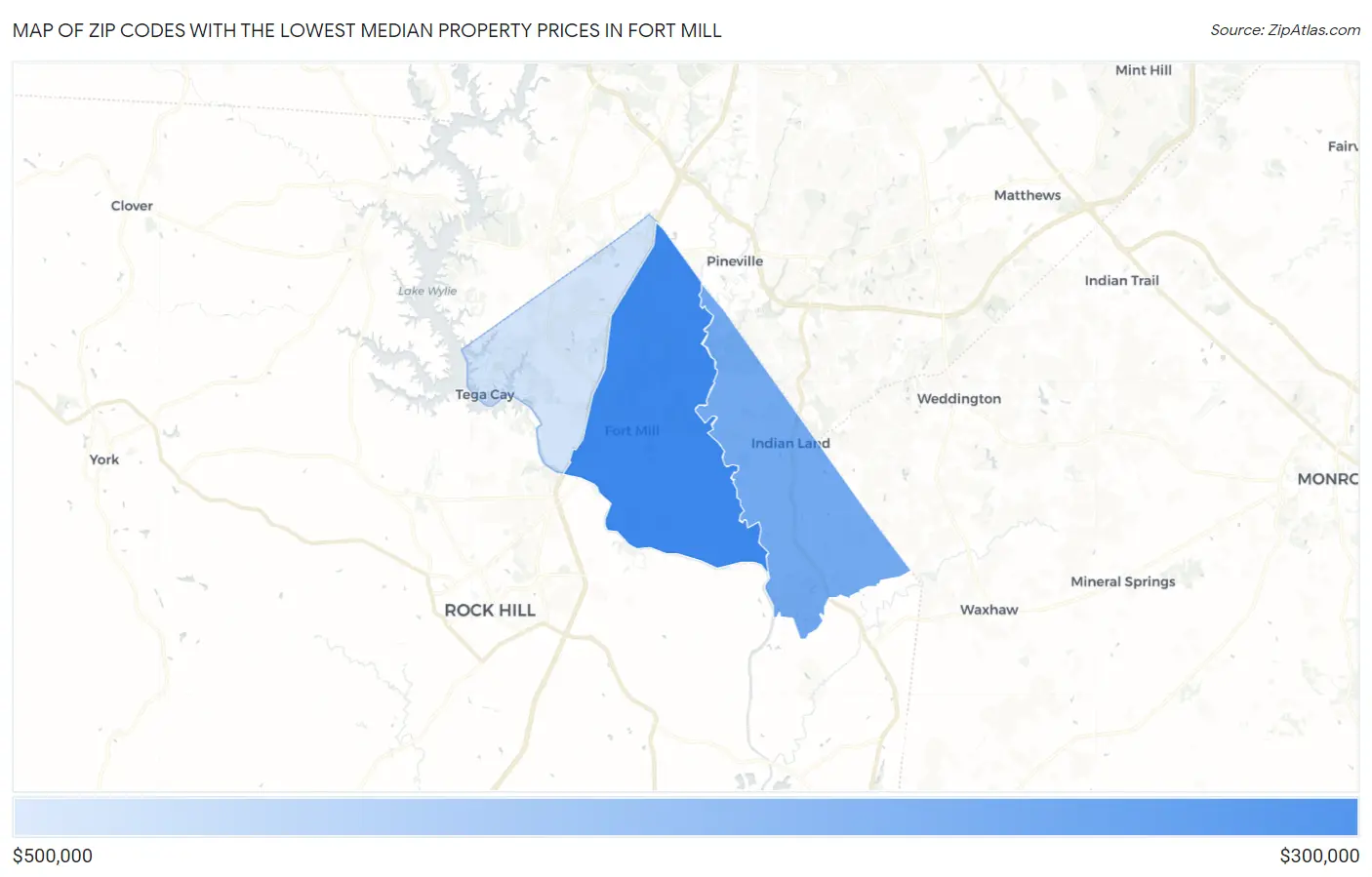 Zip Codes with the Lowest Median Property Prices in Fort Mill Map