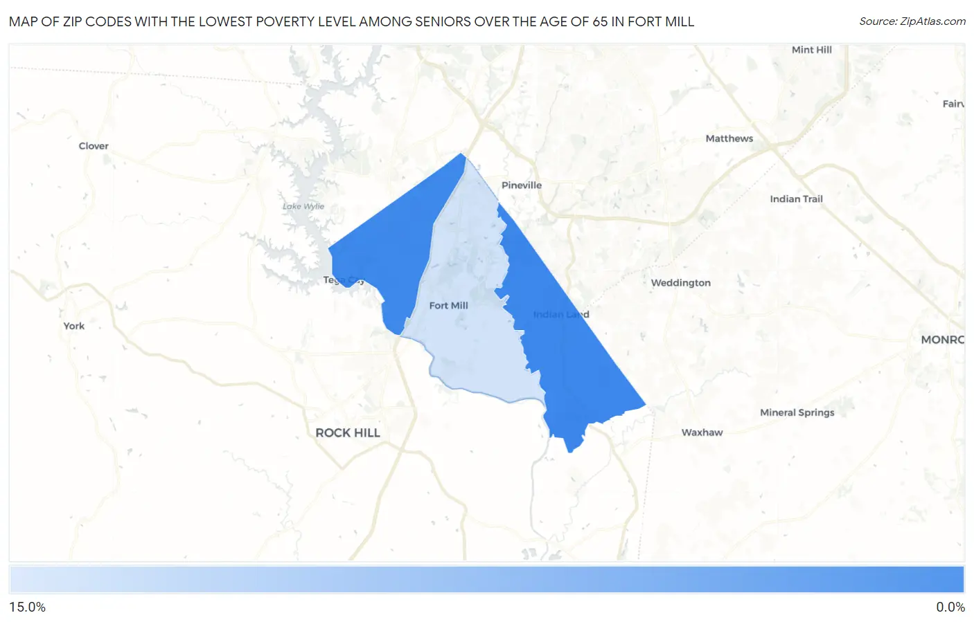 Zip Codes with the Lowest Poverty Level Among Seniors Over the Age of 65 in Fort Mill Map
