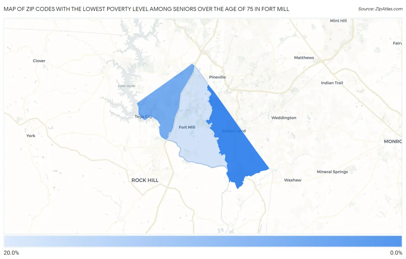 Zip Codes with the Lowest Poverty Level Among Seniors Over the Age of 75 in Fort Mill Map