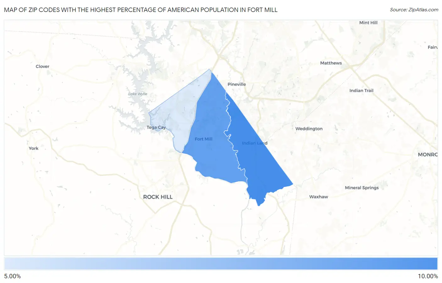 Zip Codes with the Highest Percentage of American Population in Fort Mill Map