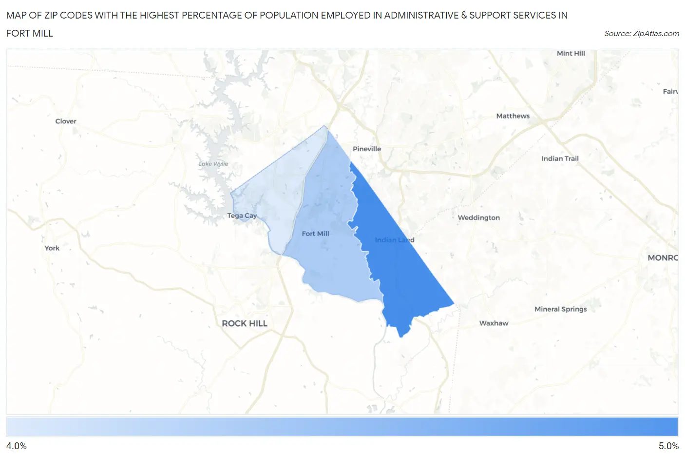 Zip Codes with the Highest Percentage of Population Employed in Administrative & Support Services in Fort Mill Map