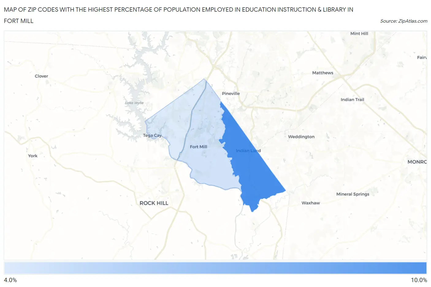 Zip Codes with the Highest Percentage of Population Employed in Education Instruction & Library in Fort Mill Map