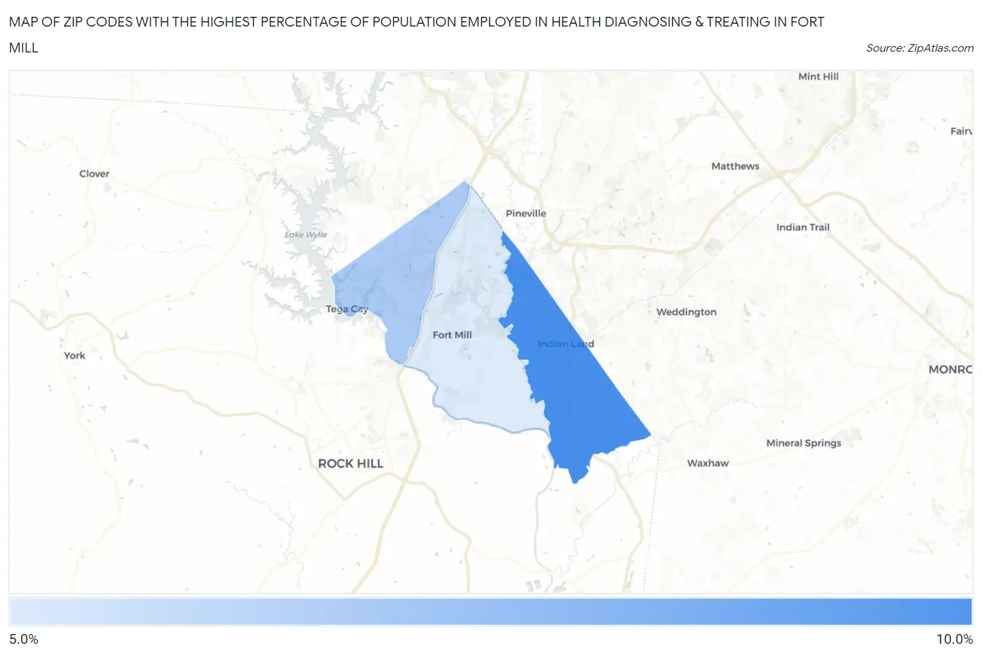 Zip Codes with the Highest Percentage of Population Employed in Health Diagnosing & Treating in Fort Mill Map