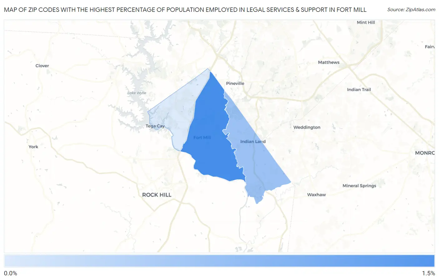 Zip Codes with the Highest Percentage of Population Employed in Legal Services & Support in Fort Mill Map
