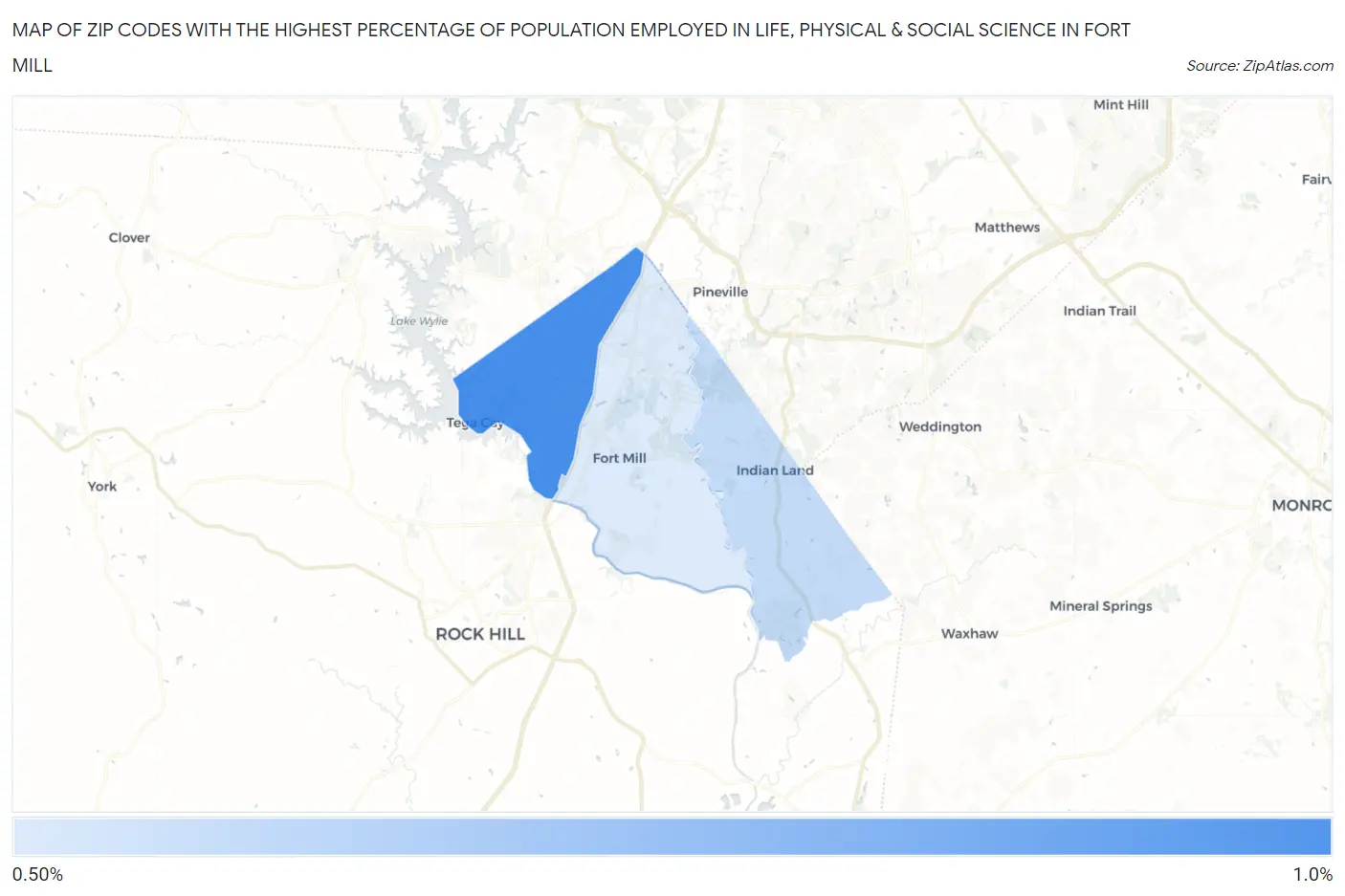 Zip Codes with the Highest Percentage of Population Employed in Life, Physical & Social Science in Fort Mill Map