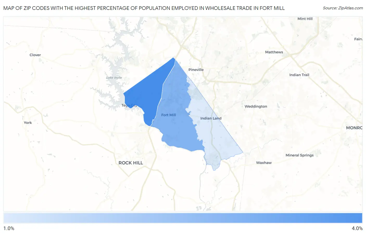Zip Codes with the Highest Percentage of Population Employed in Wholesale Trade in Fort Mill Map