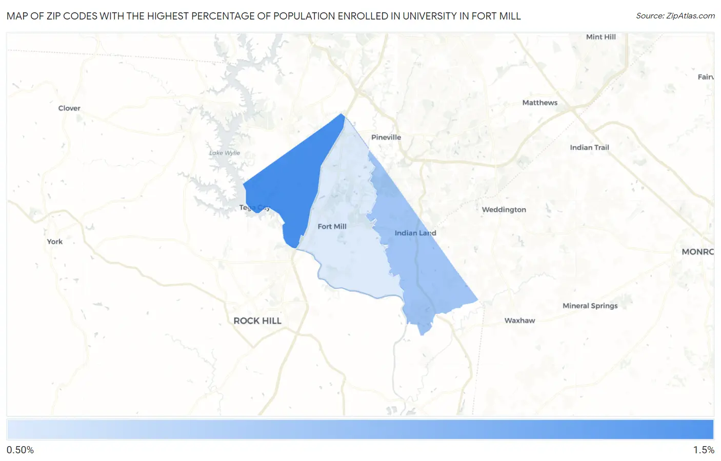 Zip Codes with the Highest Percentage of Population Enrolled in University in Fort Mill Map