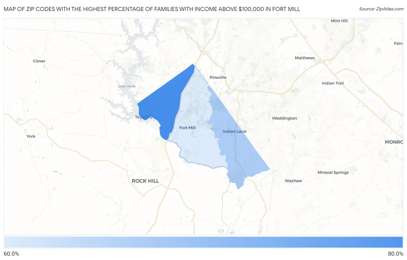 Zip Codes with the Highest Percentage of Families with Income Above $100,000 in Fort Mill Map