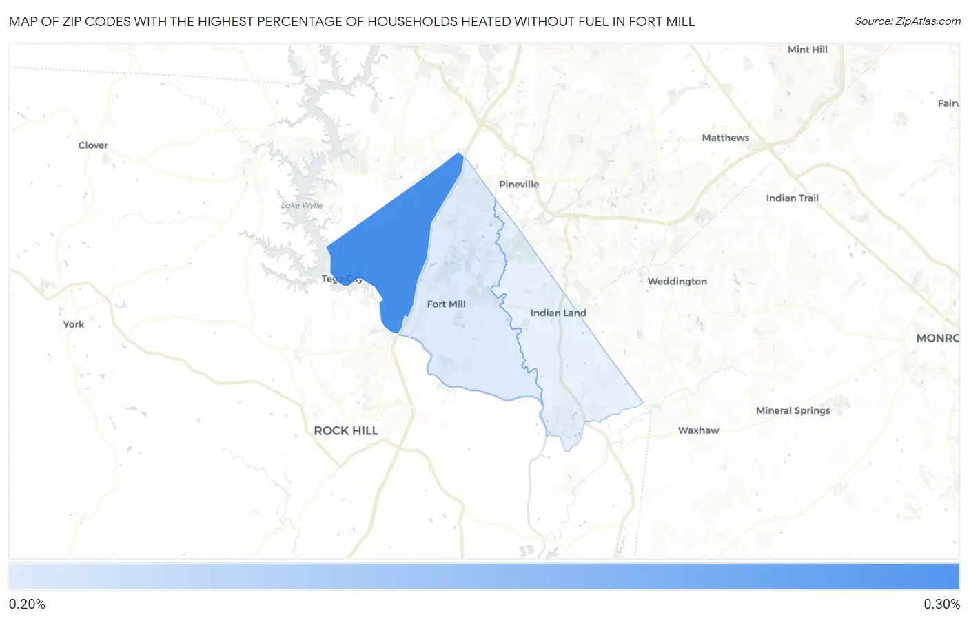 Zip Codes with the Highest Percentage of Households Heated without Fuel in Fort Mill Map
