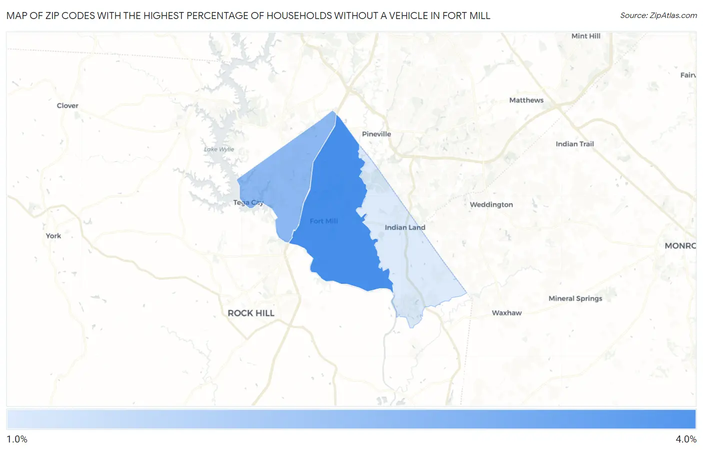 Zip Codes with the Highest Percentage of Households Without a Vehicle in Fort Mill Map