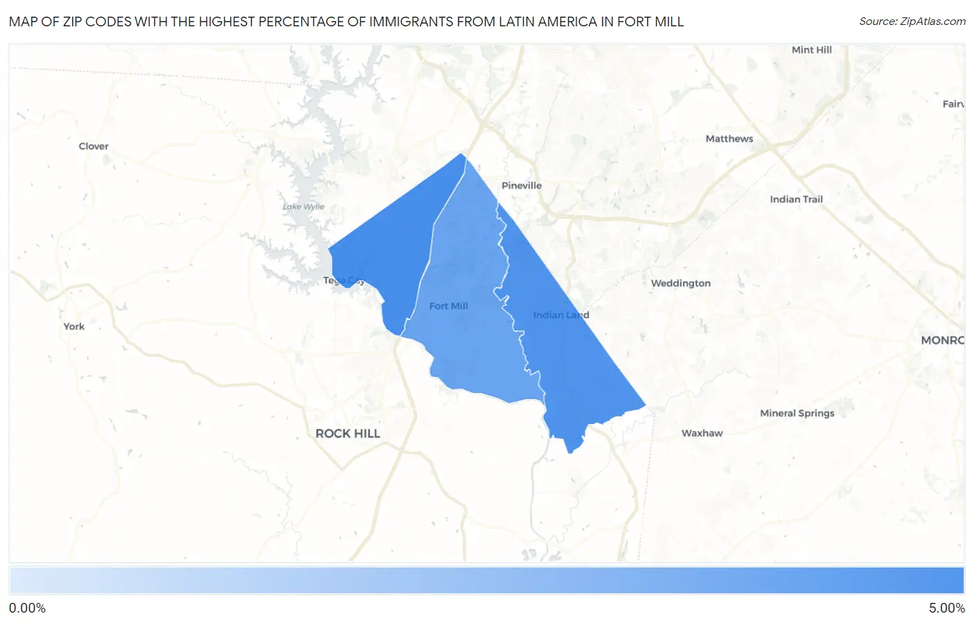 Zip Codes with the Highest Percentage of Immigrants from Latin America in Fort Mill Map
