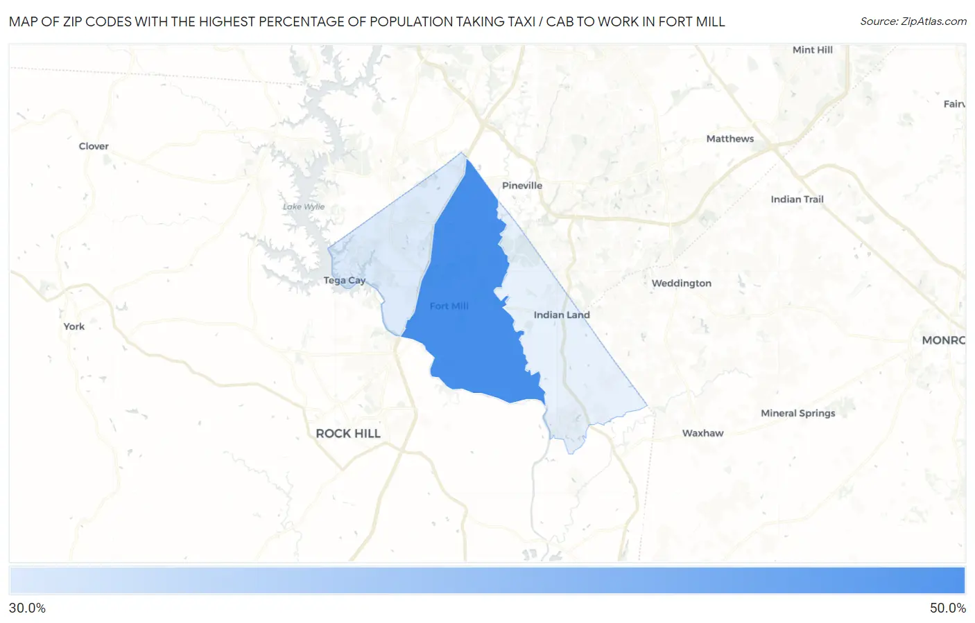 Zip Codes with the Highest Percentage of Population Taking Taxi / Cab to Work in Fort Mill Map