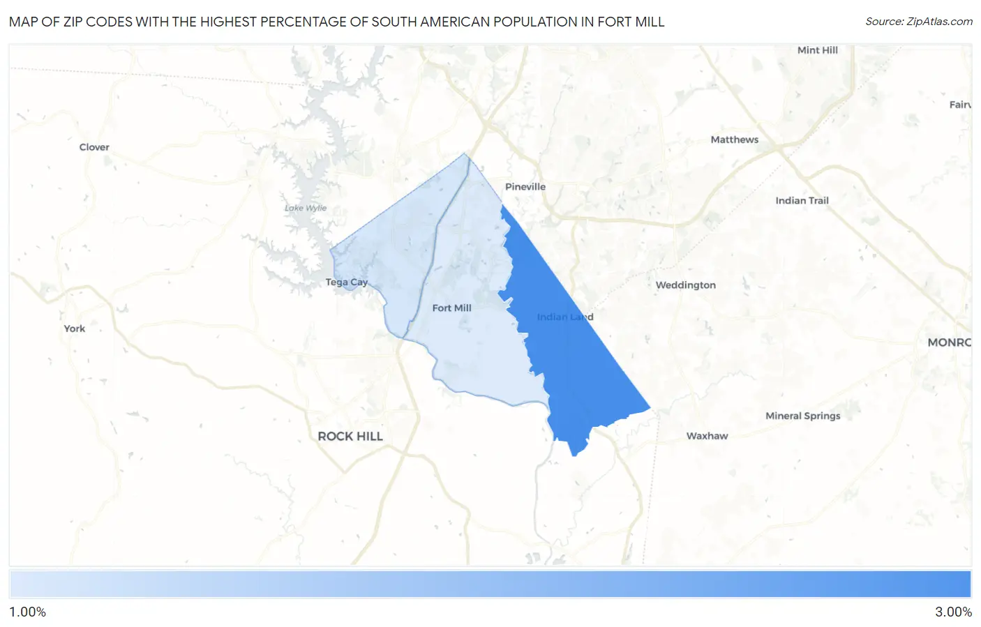 Zip Codes with the Highest Percentage of South American Population in Fort Mill Map