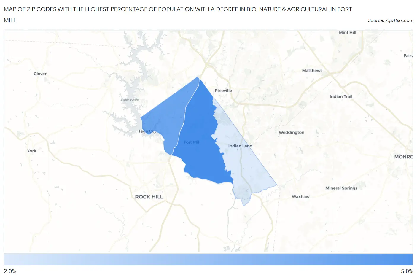 Zip Codes with the Highest Percentage of Population with a Degree in Bio, Nature & Agricultural in Fort Mill Map