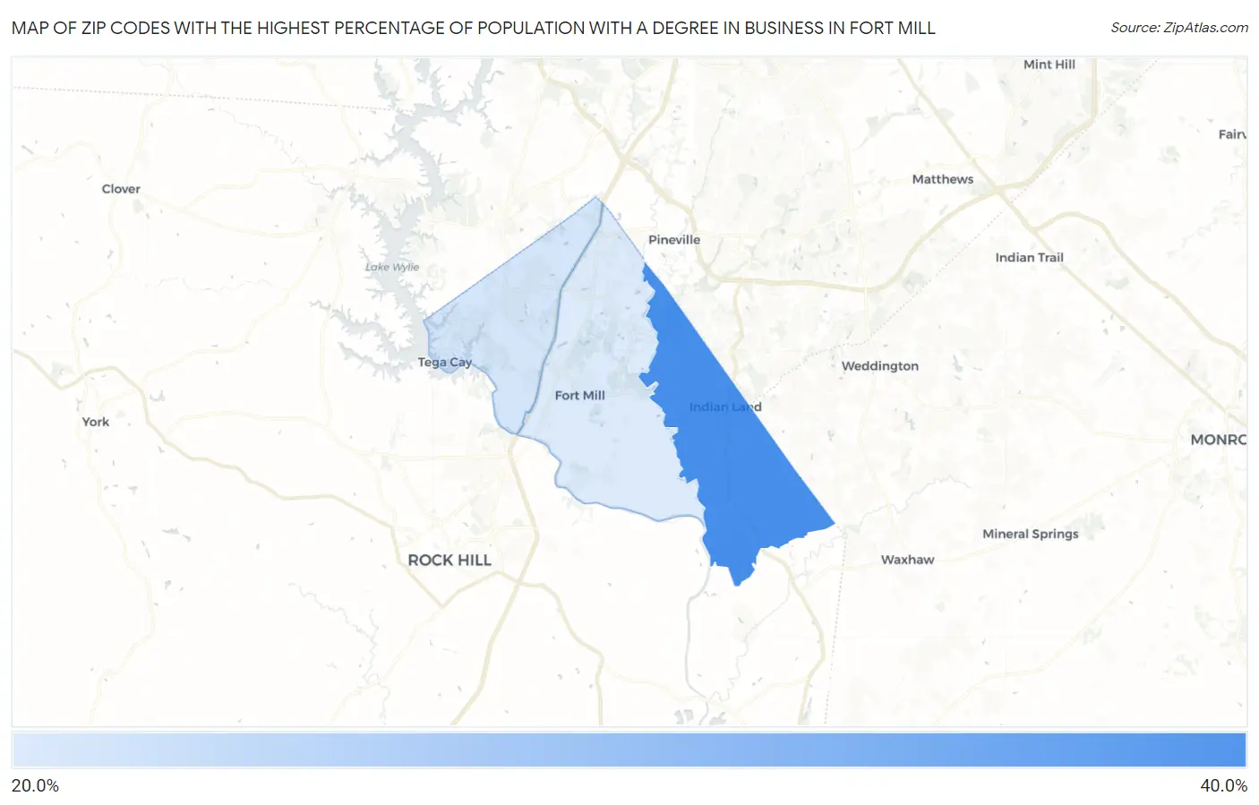 Zip Codes with the Highest Percentage of Population with a Degree in Business in Fort Mill Map