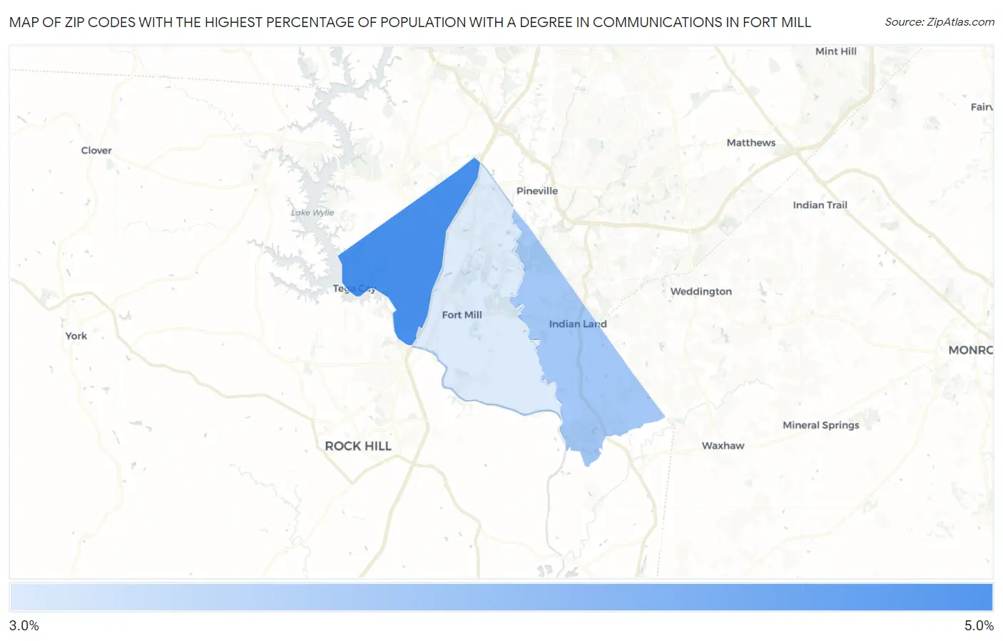 Zip Codes with the Highest Percentage of Population with a Degree in Communications in Fort Mill Map