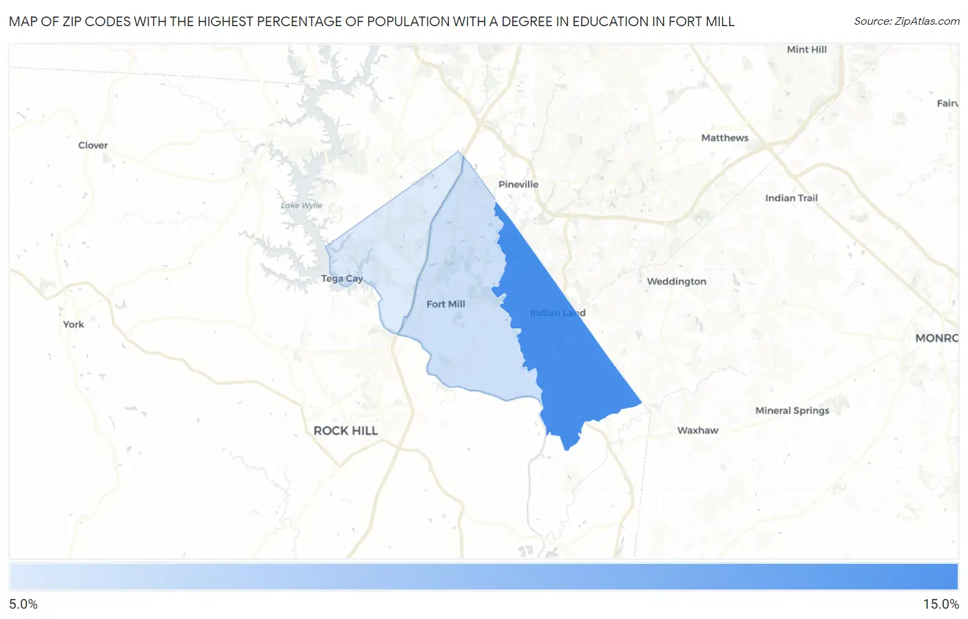 Zip Codes with the Highest Percentage of Population with a Degree in Education in Fort Mill Map
