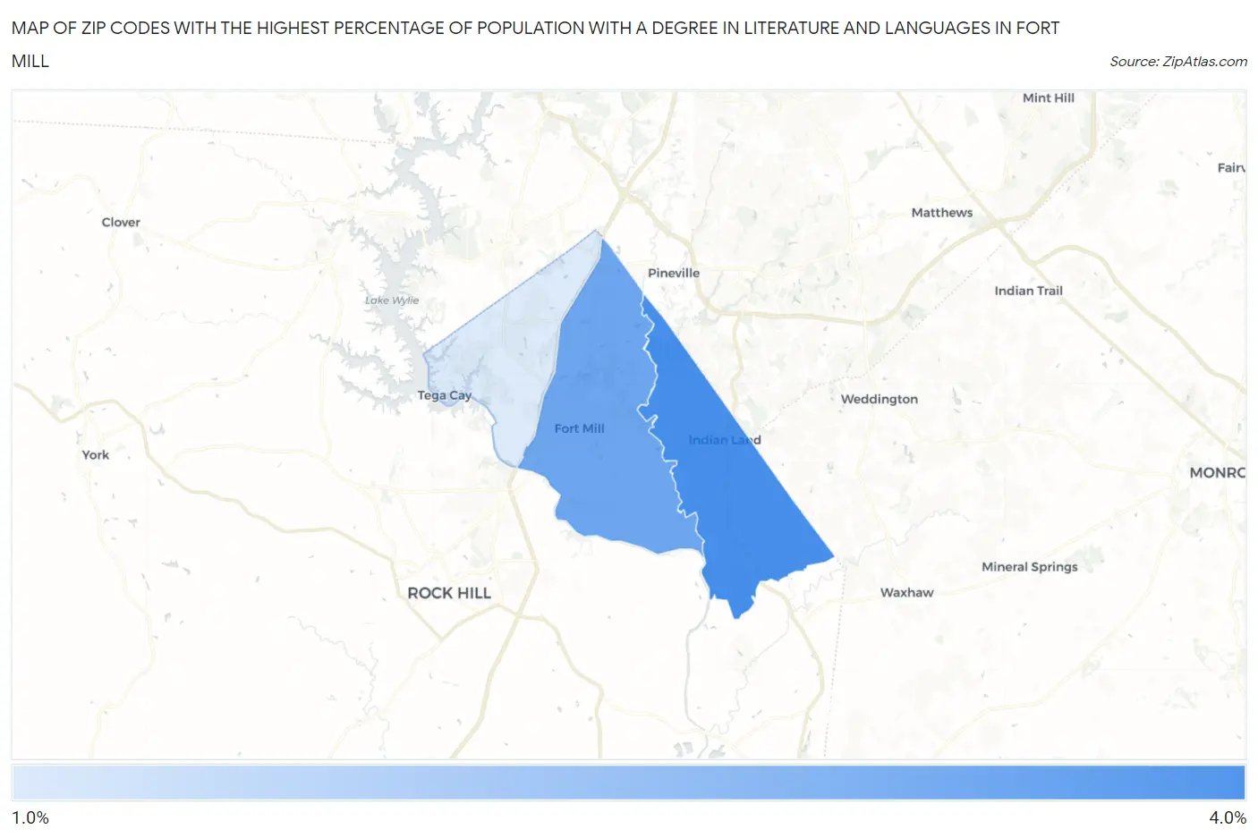 Zip Codes with the Highest Percentage of Population with a Degree in Literature and Languages in Fort Mill Map