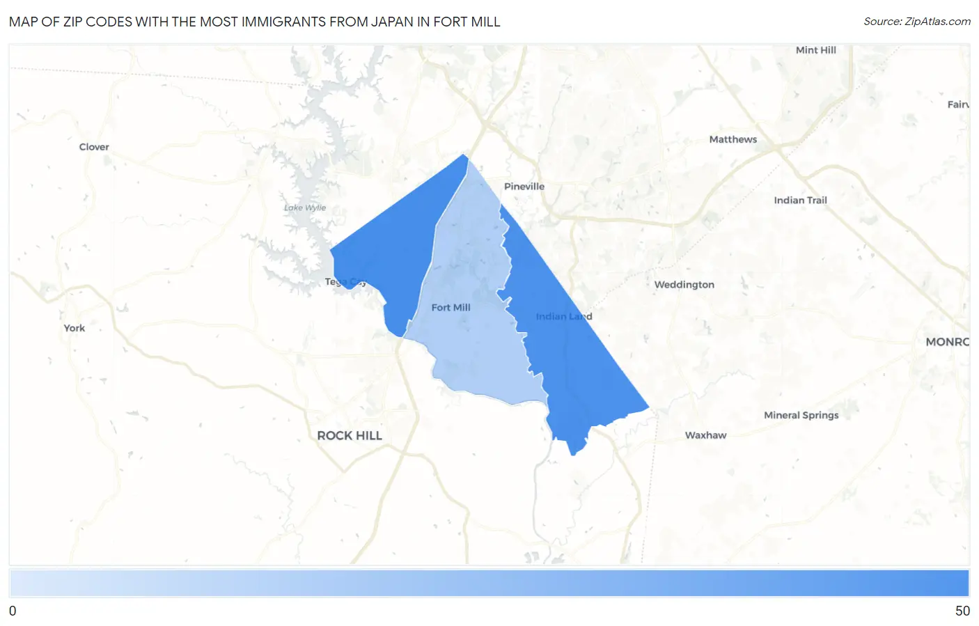 Zip Codes with the Most Immigrants from Japan in Fort Mill Map