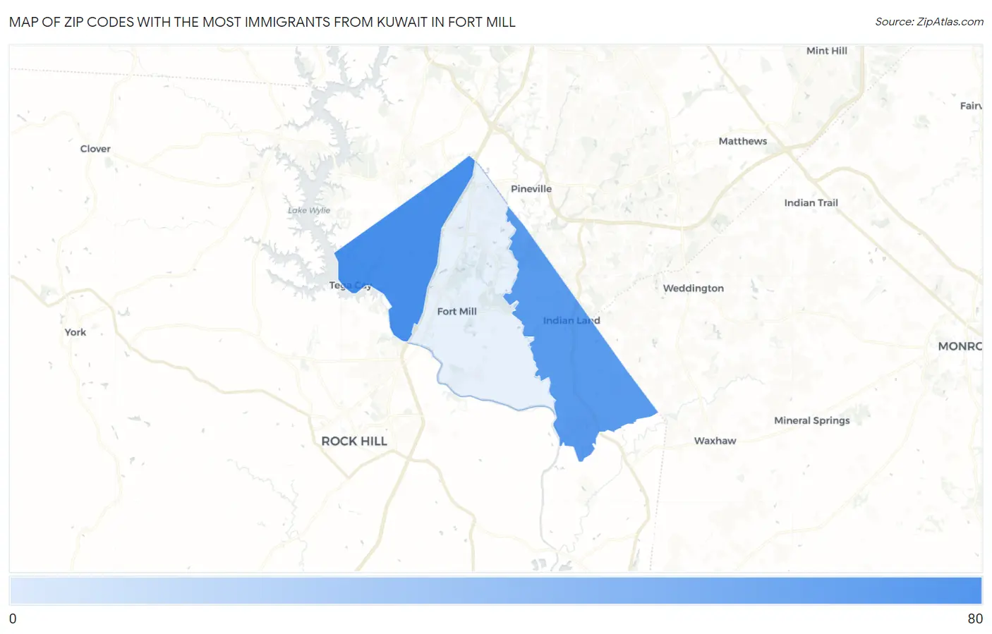 Zip Codes with the Most Immigrants from Kuwait in Fort Mill Map