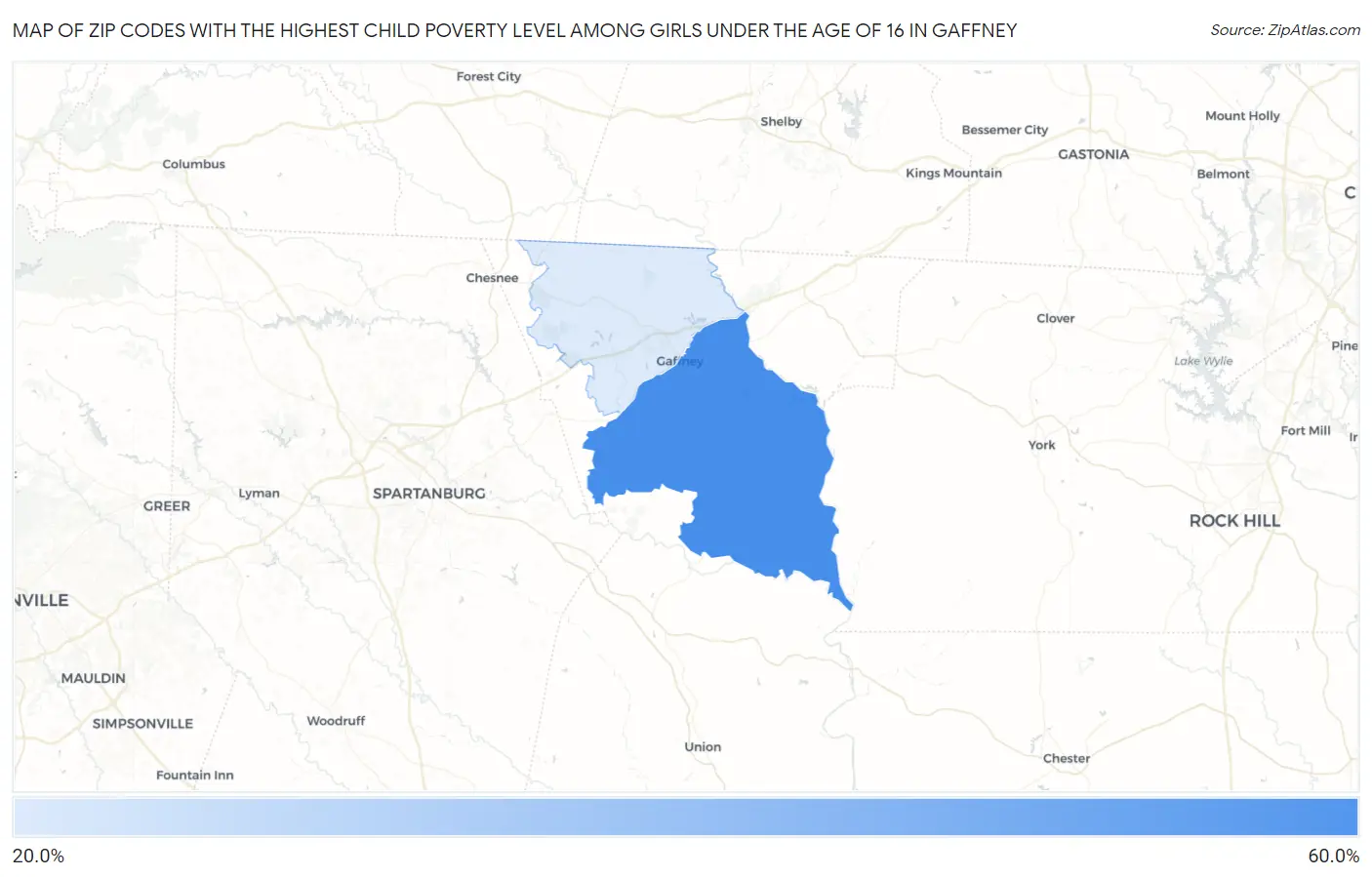 Zip Codes with the Highest Child Poverty Level Among Girls Under the Age of 16 in Gaffney Map