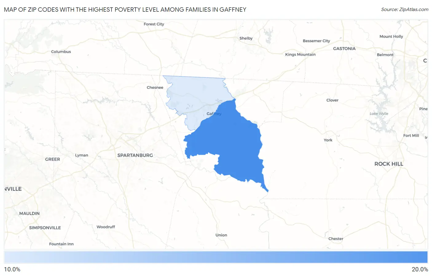 Zip Codes with the Highest Poverty Level Among Families in Gaffney Map
